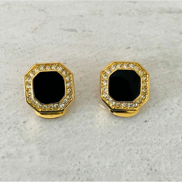 Vintage Christian Dior Black Enamel Rhinestone Earrings Gold Plate Hexagonal 90s - Picture 1 of 5